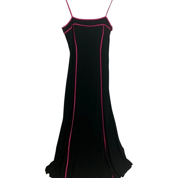 VTG City Triangles Black Maxi Slip Dress Pink Trim Size L Y2K Flowy Prom - Picture 2 of 9